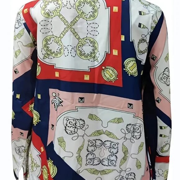 Baroque Chain Links V-neck Button Long Sleeve Loose Fall Blouse - Picture 7 of 7